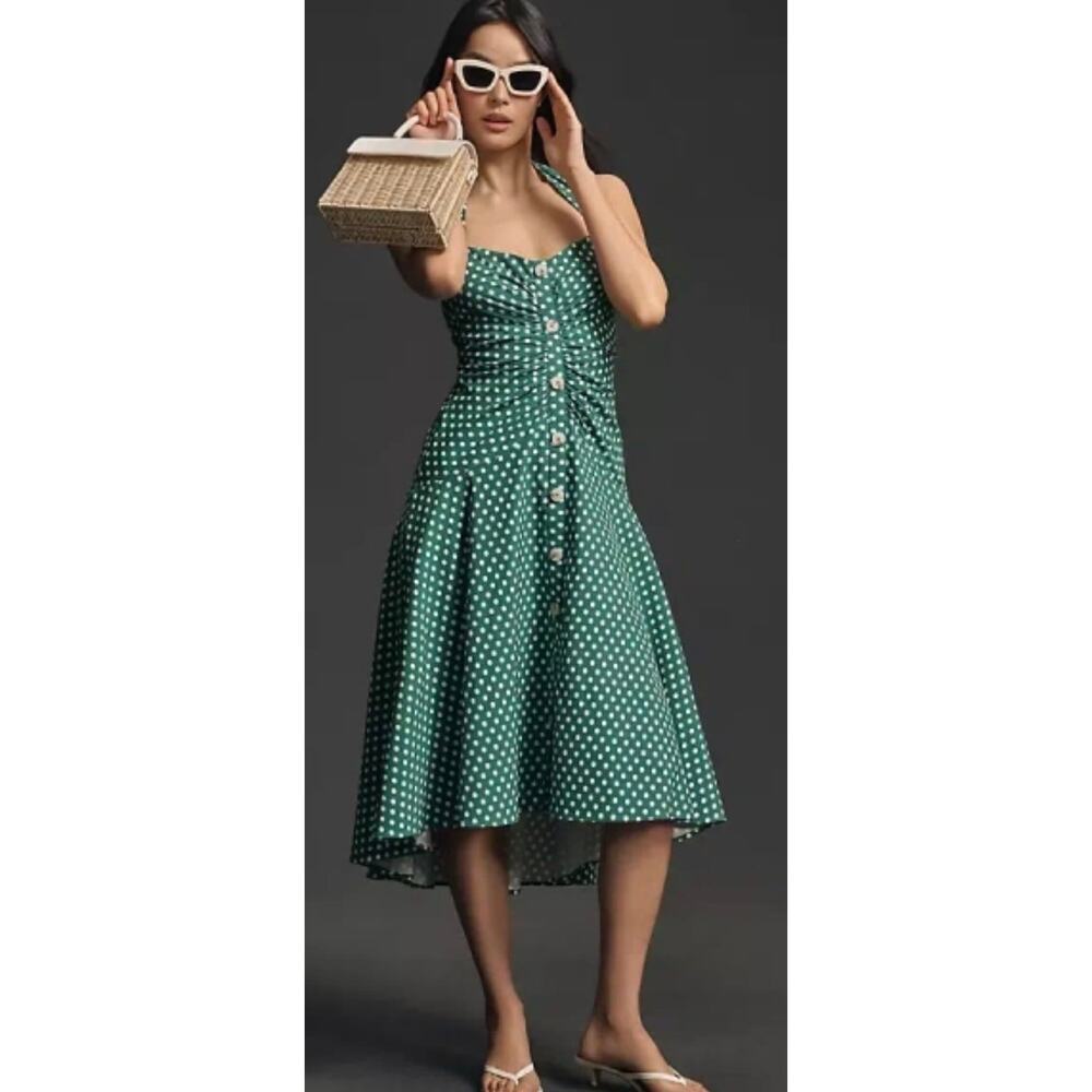 Maeve by Anthropologie Halter Ruched Midi Dress Polka Dot Green Women's 16